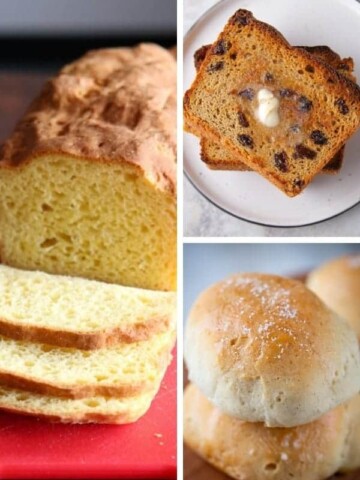 Three Images: Far Left: Gluten-Free Sandwich Bread. Top Right: Toasted, Buttered Gluten-Free Sandwich Bread. Bottom Right: Baked Gluten-Free Soft Dinner Rolls