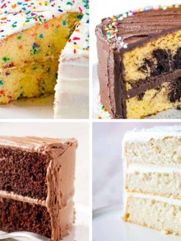 4 Gluten-Free Cakes. Upper left: Funfetti Cake. Upper Right: Marble Cake. Lower Left: Chocolate Cake. Lower Right: White Cake.