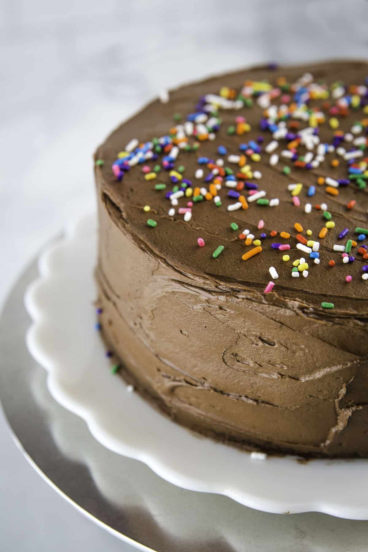 Almond flour cake frosted with chocolate frosting and colored sprinkles.