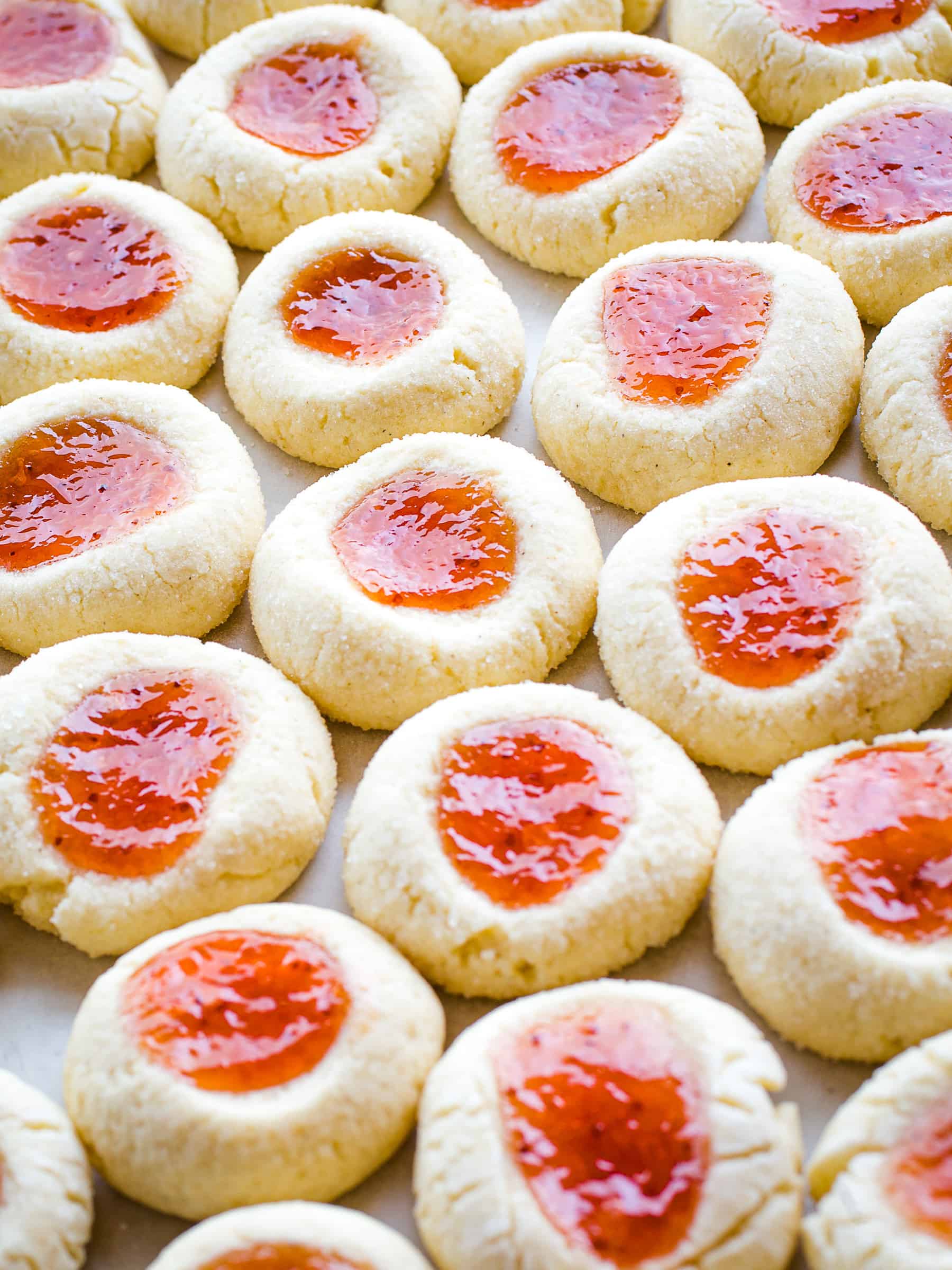 Baked gluten-free thumbprint cookies.