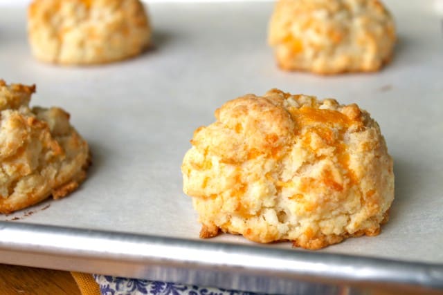 Red Lobster Cheddar Bay Biscuits Gluten Free on a baking sheet.