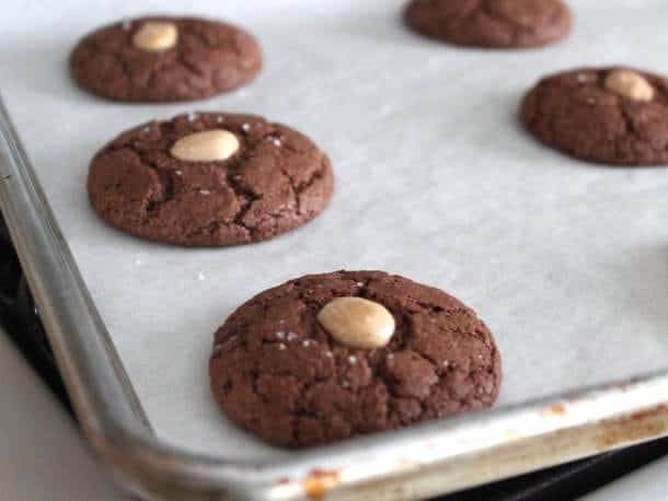 Gluten-Free Chocolate Almond Cookies on a baking sheet.