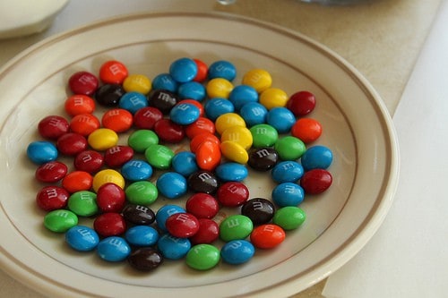 Plate of M&M candies.