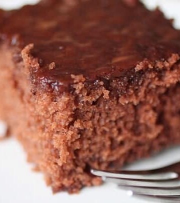 Gluten-free cola cake on white plate with fork.