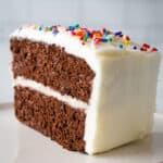 Slice of coconut flour chocolate cake with vanilla frosting and sprinkles.