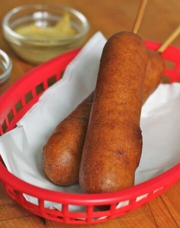 Gluten-Free Corn Dogs in a red basket.