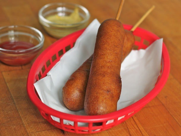 Gluten-Free Corn Dogs in a red basket.