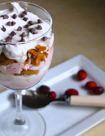 Thanksgiving Cranberry Trifle in a wine glass. Topped with whipped cream and chocolate chips.