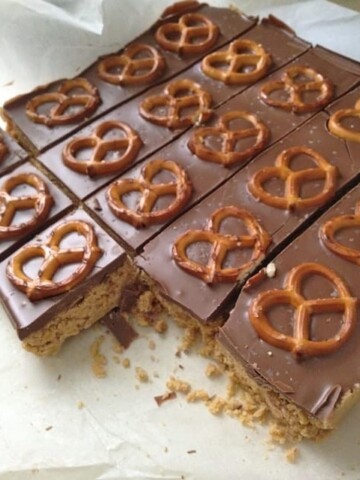 Five Minute Cheesecake Pretzel Bars cut into squares.