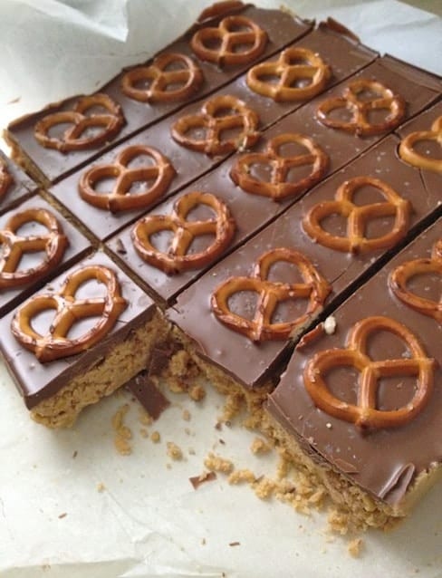 Five Minute Cheesecake Pretzel Bars cut into squares.