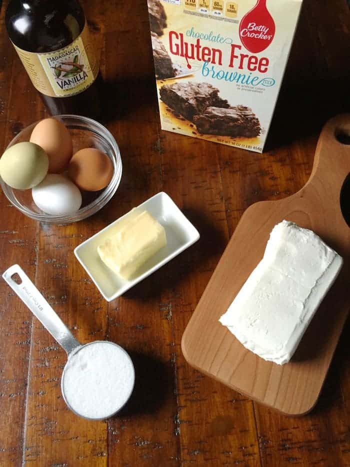 Gluten-free cheesecake brownie ingredients.