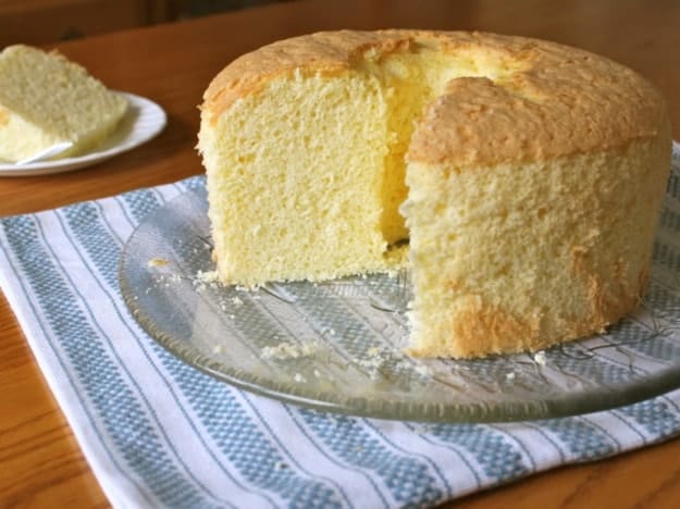 Gluten-Free Chiffon Cake on glass platter.