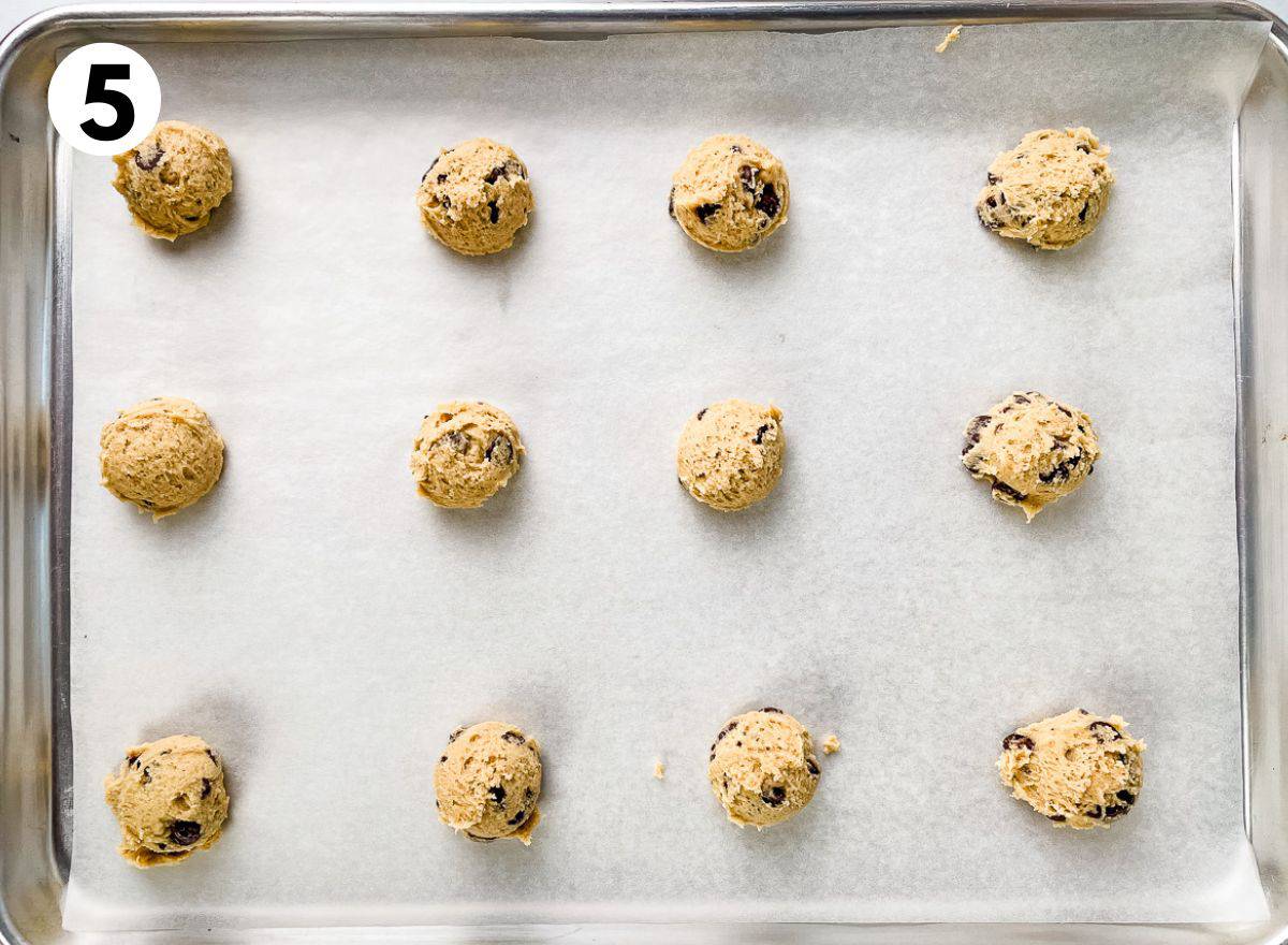 Gluten-free chocolate chip cookie dough on a pan.