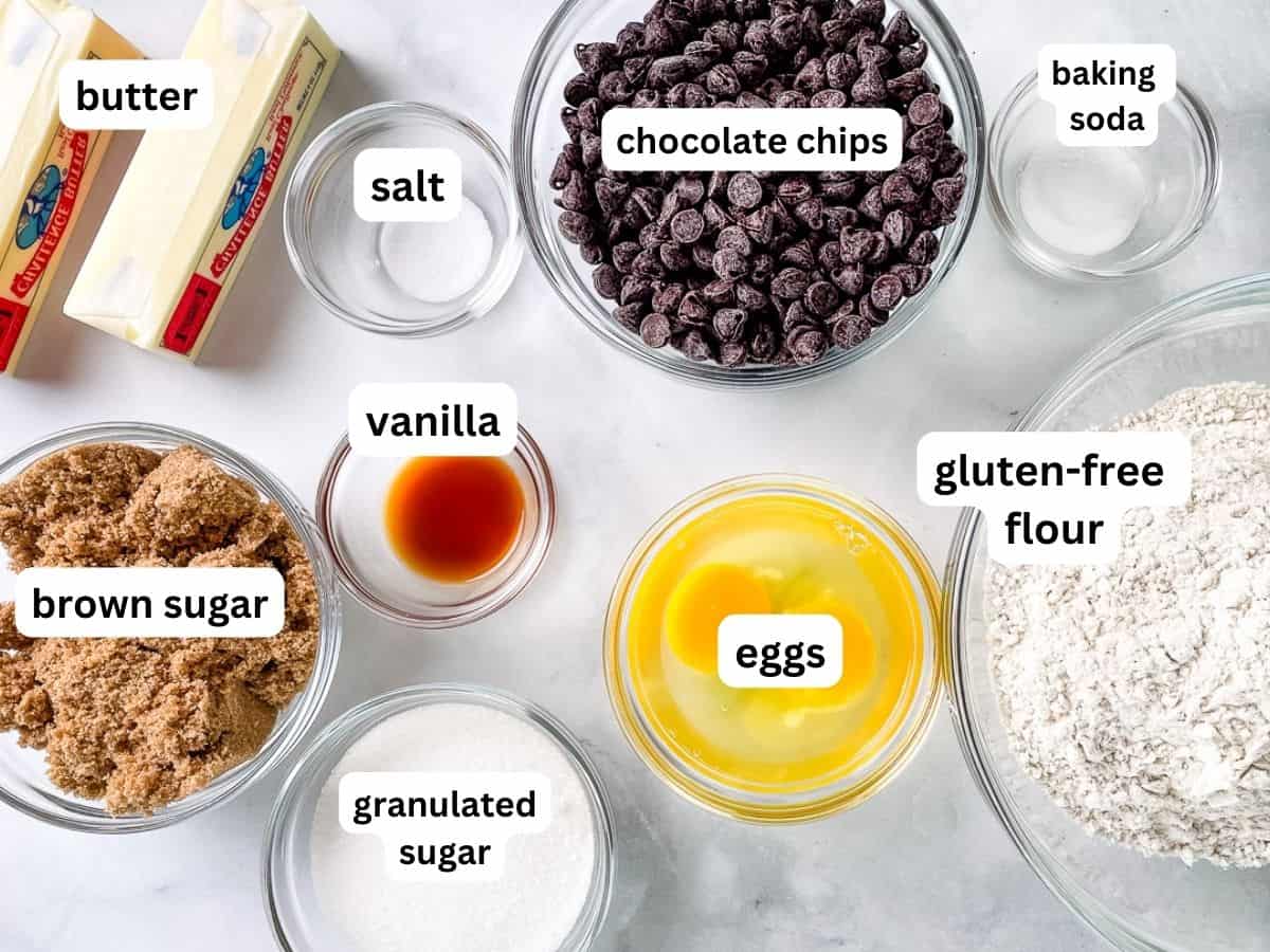 Ingredients for gluten-free chocolate chip cookies on the counter.