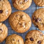 Gluten-Free chocolate chip cookies on a cooling rack.