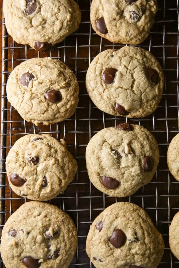 Gluten-Free Chocolate Chip Cookies on wire rack. 