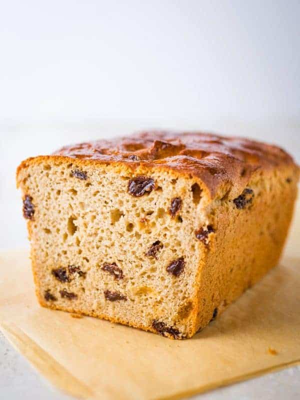 Loaf of gluten-free cinnamon raisin bread.