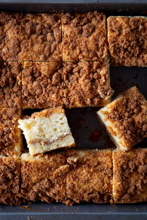 Baked gluten-free coffee cake sliced in a pan