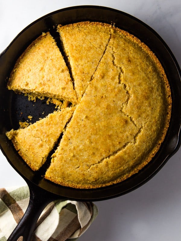 Gluten-Free Cornbread Sliced in Skillet