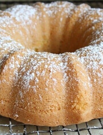 Gluten-Free Cornmeal Cake on cooling rack.