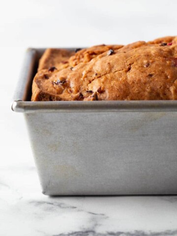 Gluten-free cranberry bread in pan.