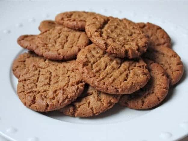 Gluten-Free Flourless Peanut Butter Cookies on a white plate.