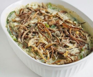 Gluten-free green bean casserole in a white dish.