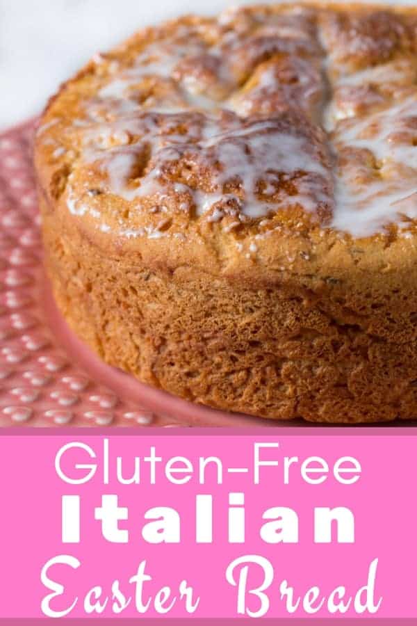 Gluten-free Italian Easter bread on pink cake stand. Text on image reads: Gluten-Free Italian Easter bread.