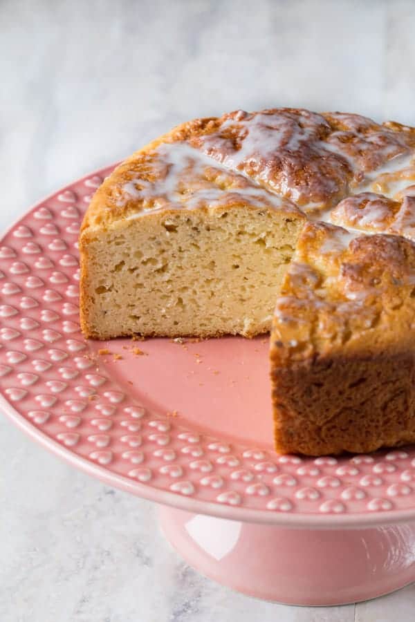 Gluten-Free Italian Easter Bread on pink cake stand.