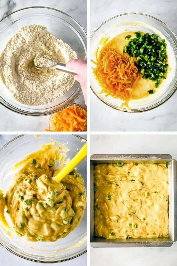 4 Images Showing Gluten-Free Jalapeno Cornbread Being Mixed