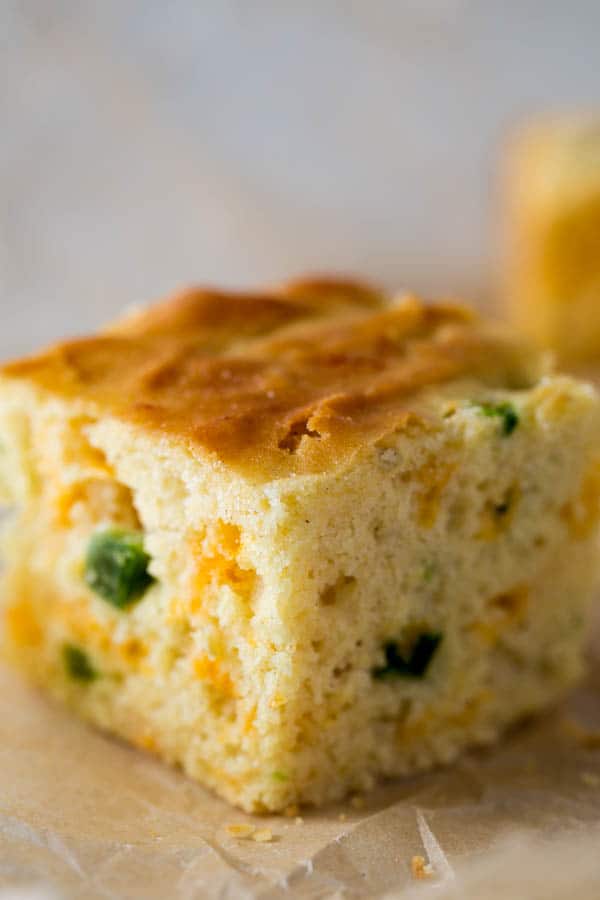 Slice of gluten-free jalapeño cheddar cornbread.