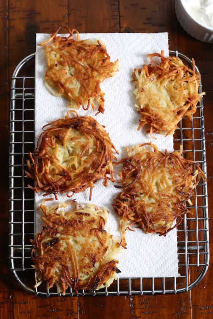 Gluten-Free Latkes on wire rack. 