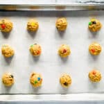 Gluten-free monster cookie dough on a pan.