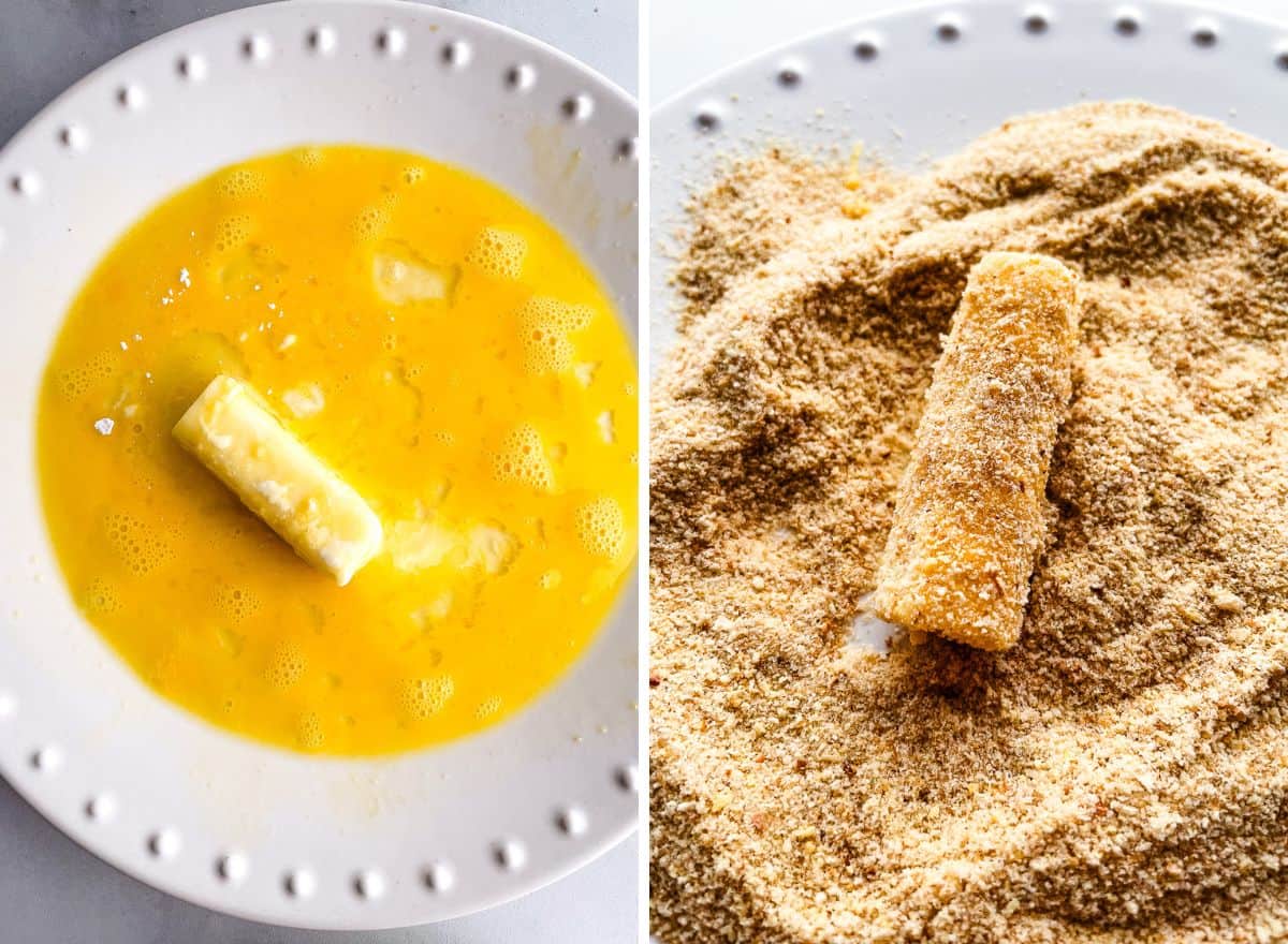 Two images. The first is a cheese stick rolled in egg. The second shows it coated in gluten-free bread crumbs.