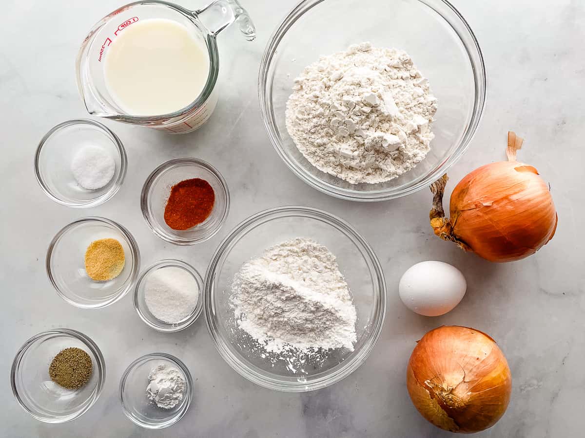 Ingredients for gluten-free onion rings.