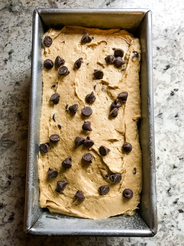 Gluten-Free peanut butter banana bread batter in pan