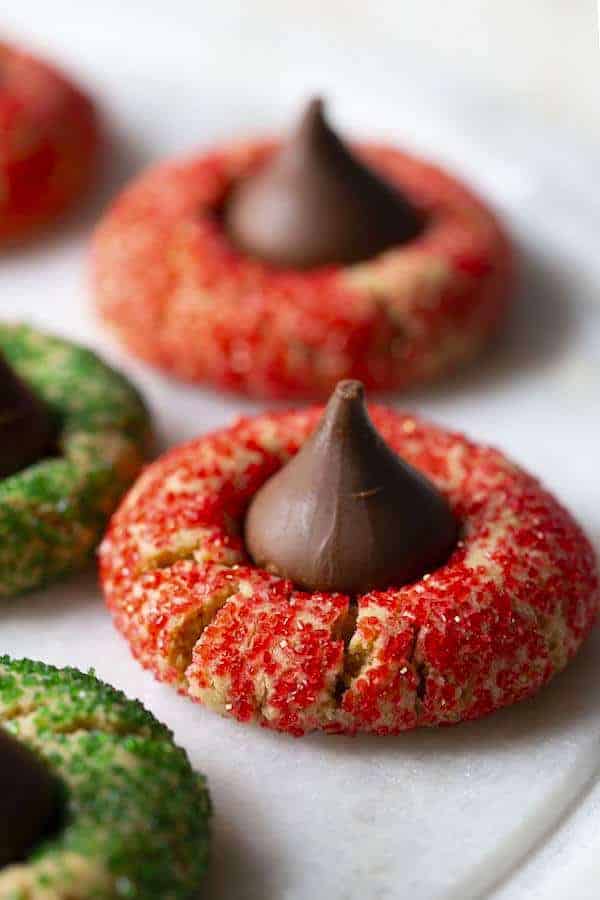 Gluten-Free Peanut Butter Blossom with Red Colored Sugar for Christmas.