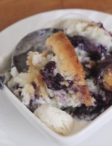 Gluten-Free Texas Cobbler in small white bowl.