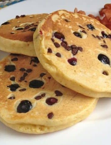 Gluten-Free Whole Grain Pancakes with Chocolate Chips and Blueberries.