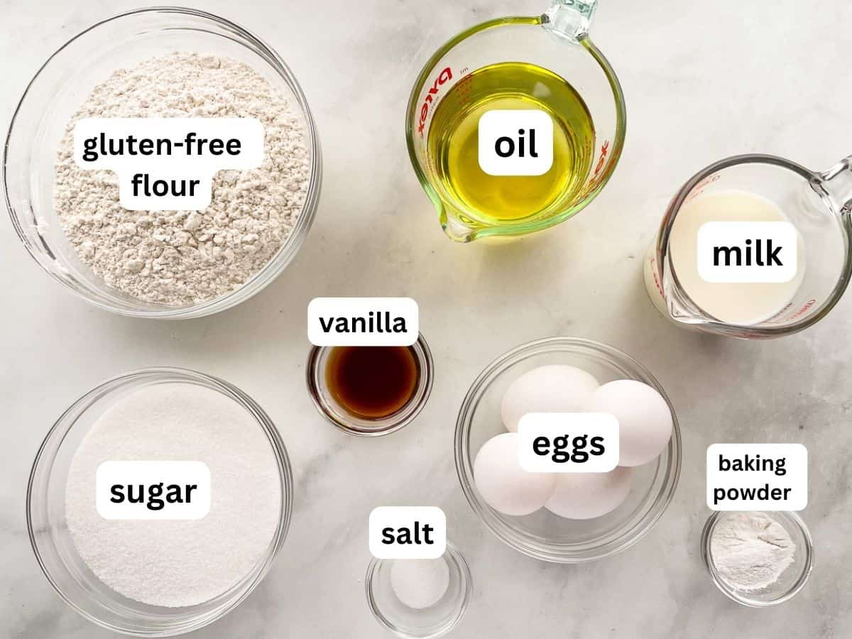 Ingredients for the gluten-free yellow cake recipe on the counter.