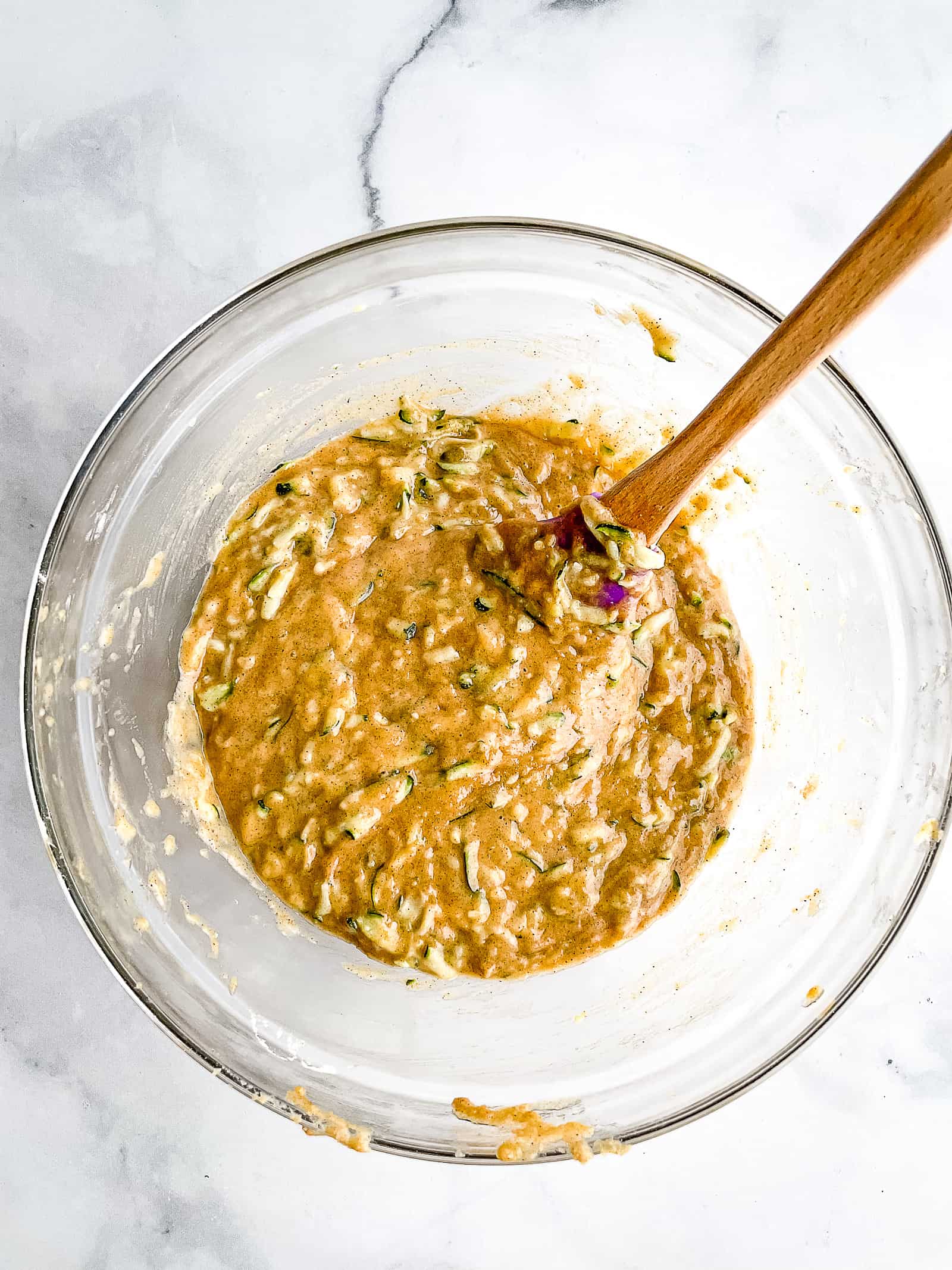 Gluten-free zucchini bread batter after 5 minute rest. Batter is loose.