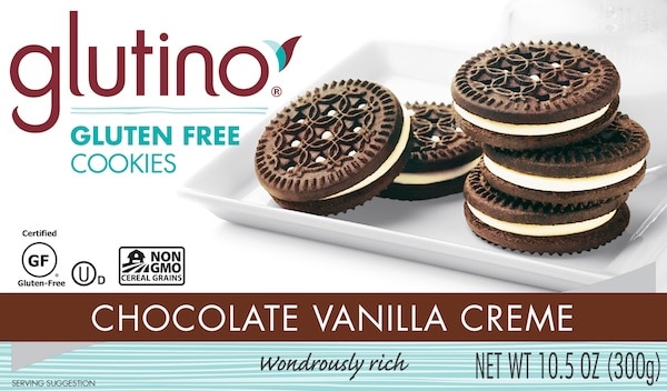 Box of Glutino brand chocolate vanilla creme cookies.