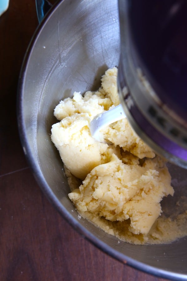 Gluten-free cookie dough in stand mixer.