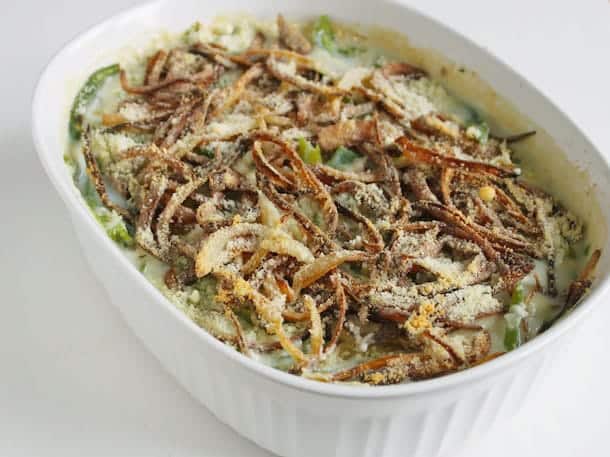 Gluten-free green bean casserole in a white dish.