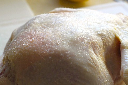 Kosher salt on raw chicken.