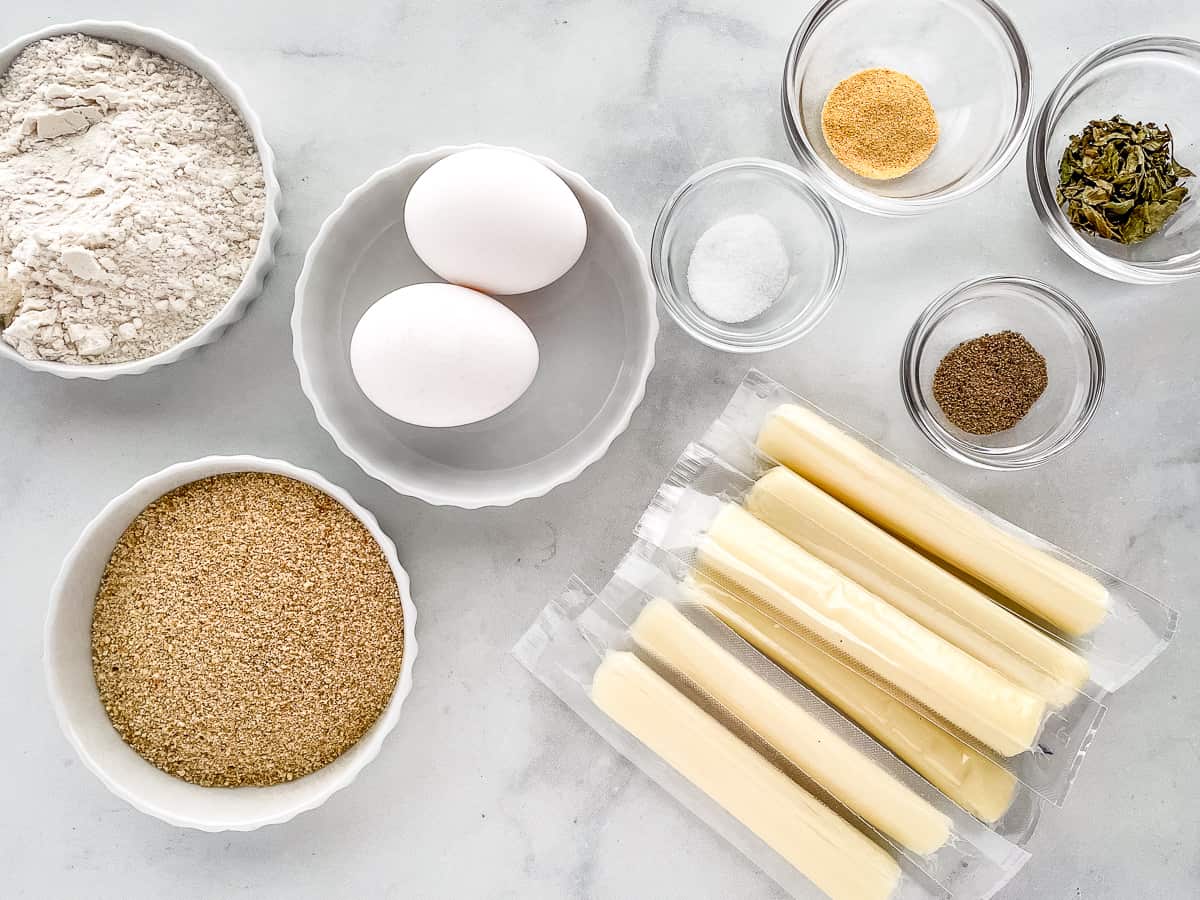 Ingredients for gluten-free mozzarella sticks on the counter.