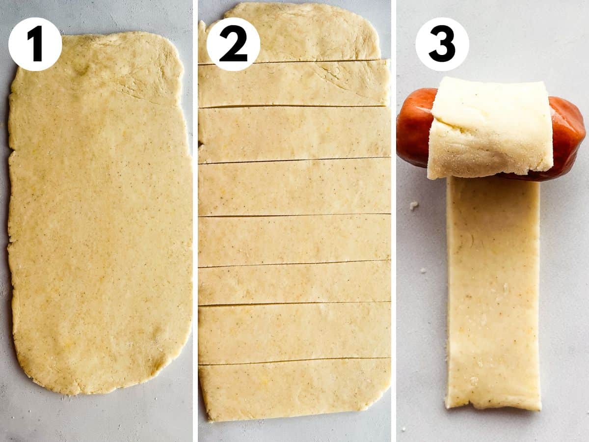 Three images showing the steps for rolling and cutting pastry then wrapping a hot dog for gluten-free pigs in a blanket.