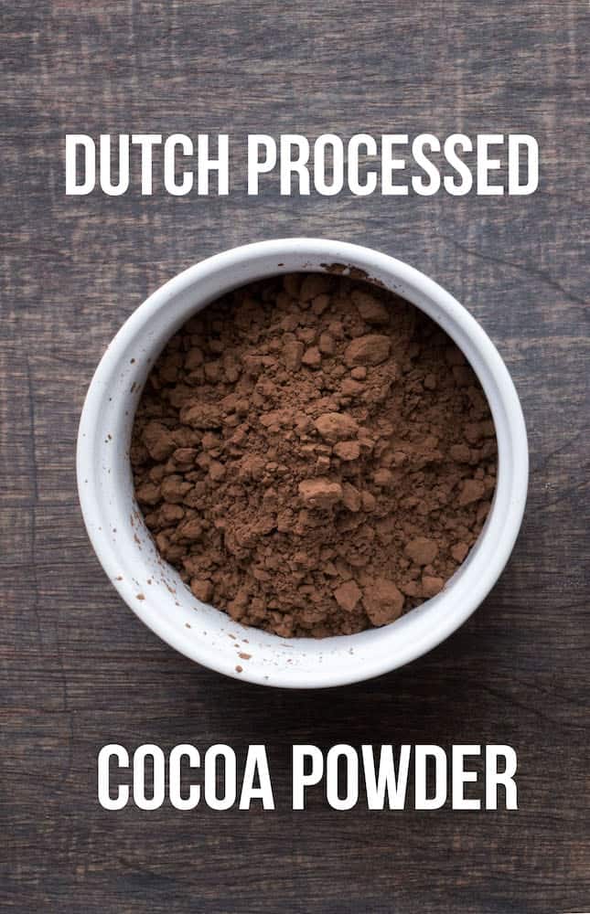 Dutch processed cocoa powder in a white bowl.