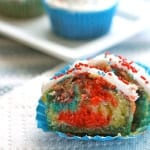 Red, White, and Blue gluten-free cupcakes, split in half.