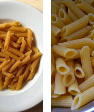 Uncooked gluten-free pasta in white bowl. (left) Cooked gluten-free pasta in colander. (right)